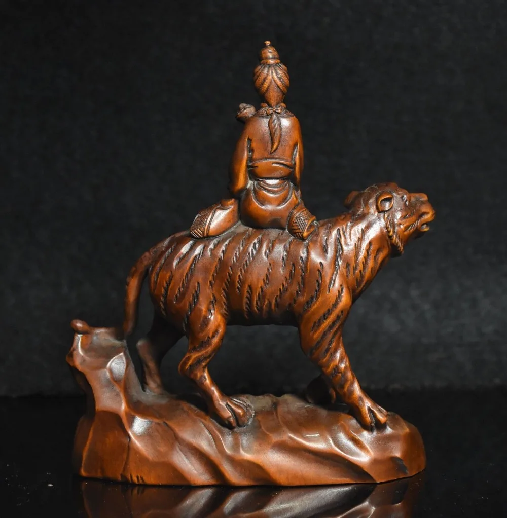 

wedding decoration 5" Chinese Folk collect Boxwood wood exquisite sit leopard woman statue
