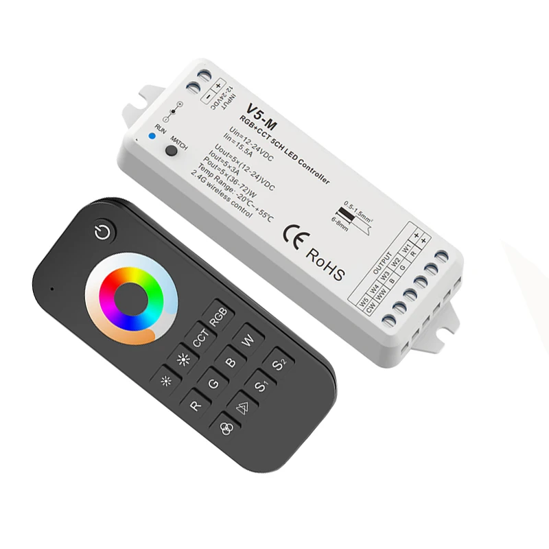 

New Led RGBCCT Strip Controller 2.4G RF Remote Wireless 3A 5 Channel Output DC12V-24V RGB CCT String Ribbon Control Use