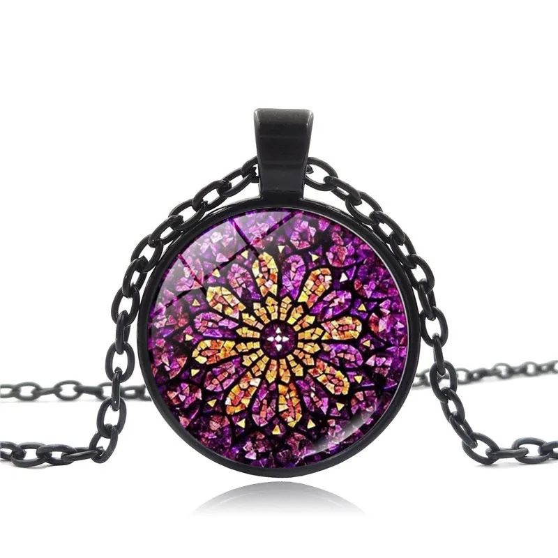 Dame De Paris Cathedral Jewelry Rose Window Stained Photo Cabochon Glass Pendant Black Chain Necklace Christian Gifts for Women |