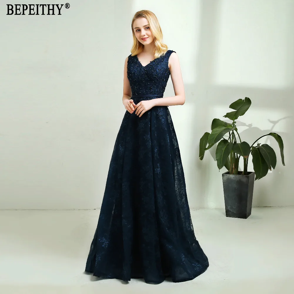 BEPEITHY vestido de festa Новое поступление V образным вырезом темно-синее Кружево Платья на выпускной с бусинами ремень Длинные вечерние платья