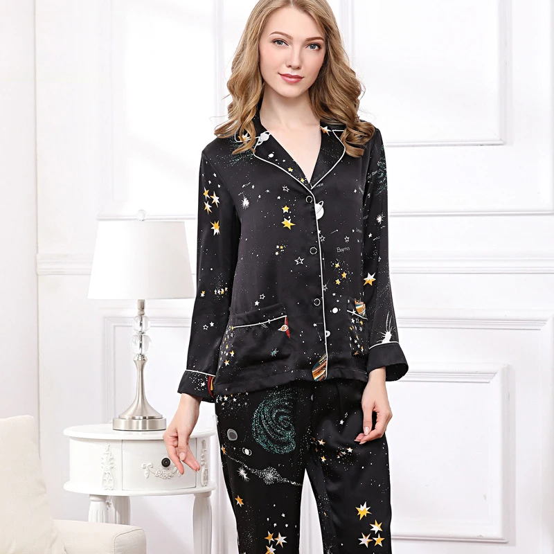 

19 momme Elegance starry sky 100% natural silk pajamas sets women Fashion long sleeve nightwear genuine silk pyjamas T8161