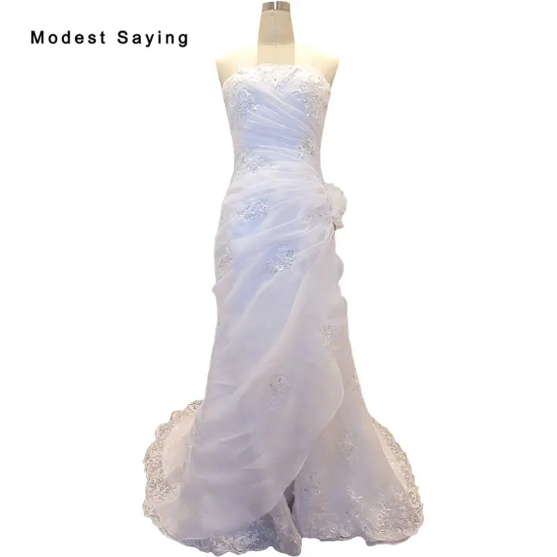 

Elegant Ivory Mermaid Strapless Beaded Wedding Dresses 2019 Garden Women Lace Bridal Gowns Pleated vestido de noiva Summer