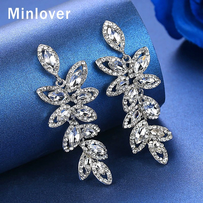 Свадебные серьги Minlover с листьями серебряного цвета для женщин Роскошные Стразы