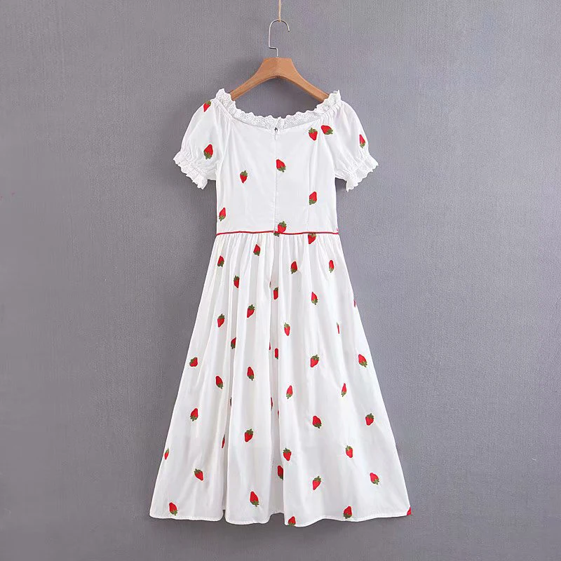 

Sweet Korean Style Women Round Ruched Collar White A-line Mid-calf Dress Strawberry Embroidery Short Puff Sleeve Dress