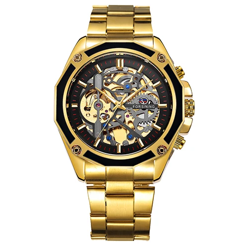 STEEL GOLDEN BLACK FORSINING золотые Лидирующий бренд Роскошные Авто механические часы для мужчин Нержавеющая сталь ремешок Скелет циферблат мода Бизнес наручные часы - Цвет: STEEL GOLDEN BLACK