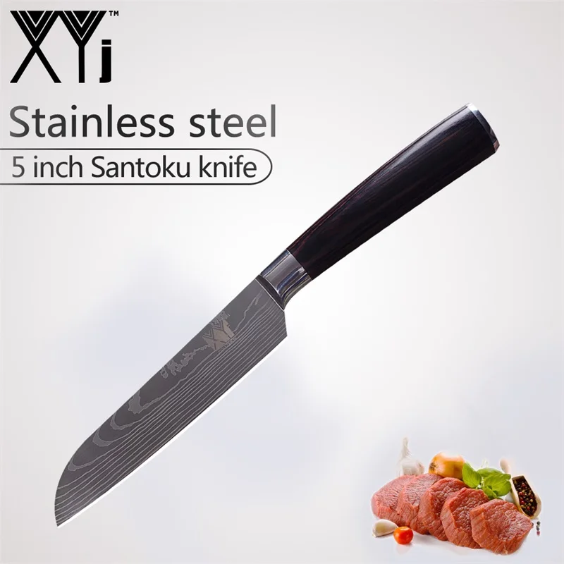 5 inch Santoku Knife XYj высокоуглеродистая Нержавеющая сталь изысканный кухонный нож Подарочный цветной с деревянной ручкой Дамасские жилы кухонные ножи Набор - Цвет: 5 inch Santoku Knife