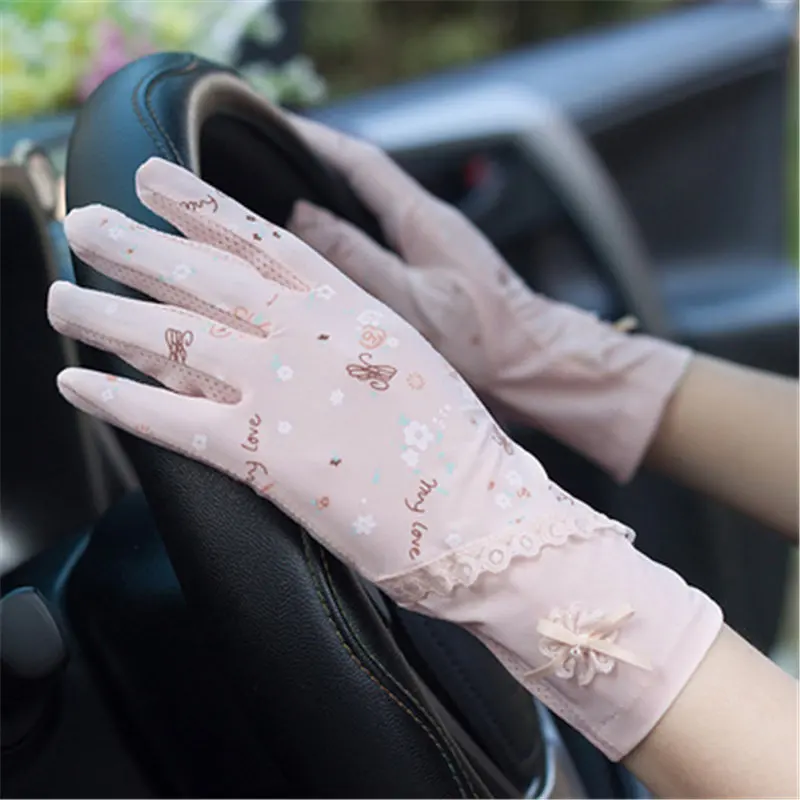 flower Light pink Летние ледяные шелковые солнцезащитные перчатки женские короткие Стильные цветочные маленькие свежие Нескользящие дышащие женские перчатки для вождения FS26 - Цвет: flower Light pink
