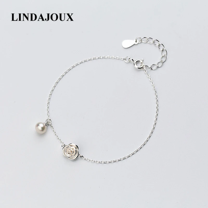 LINDAJOUX 100% стерлингового серебра 925 симпатичная роза цветок со свежим браслет с