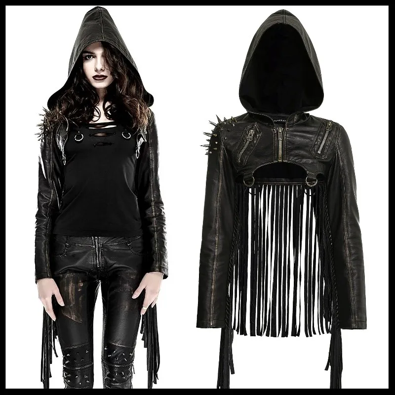 Женская кожаная куртка в стиле панк рок с капюшоном и кисточками|Женские куртки| |