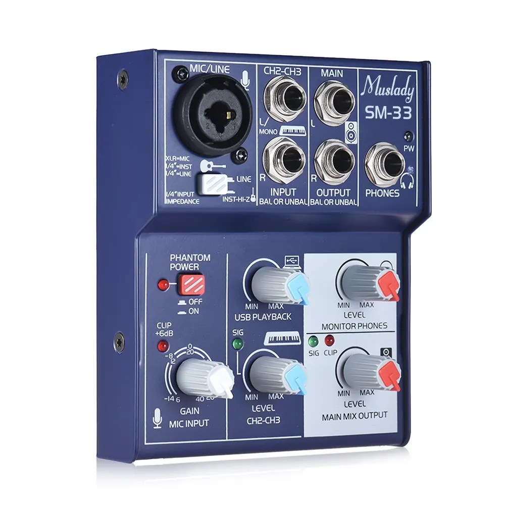 Muslady SM-33 Мини 3-канальный блок питания с звуковая карта микшерный пульт Цифровой аудио поддерживает 5V Мощность банк USB Питание