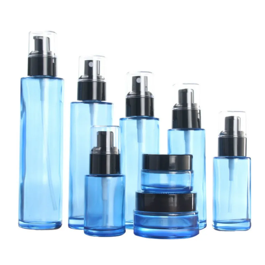 

50pcs 20g 30g 50g 30ml-120ml blue transparent glass pressing bottle perfume lotion spray bottle cosmetic cream jar