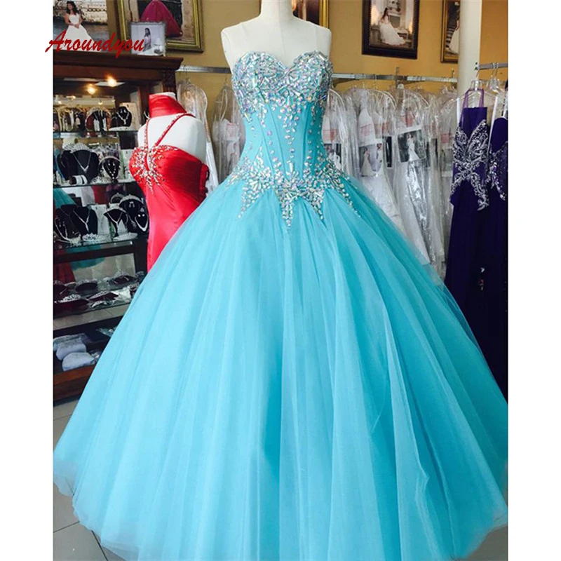 

Luxury Crystals Quinceanera Dresses Ball Gown Sky Blue Tulle Prom Debutante Sweet 16 Dress vestidos de 15 anos