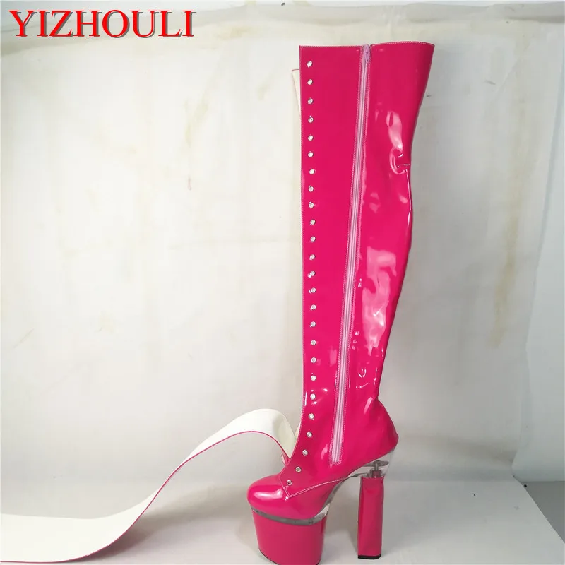 18CM Новые модные сапоги для ночного клуба; модельные туфли на высоком квадратном каблуке 18 см; сапоги до колена; Различные цвета на заказ - Цвет: 18CM