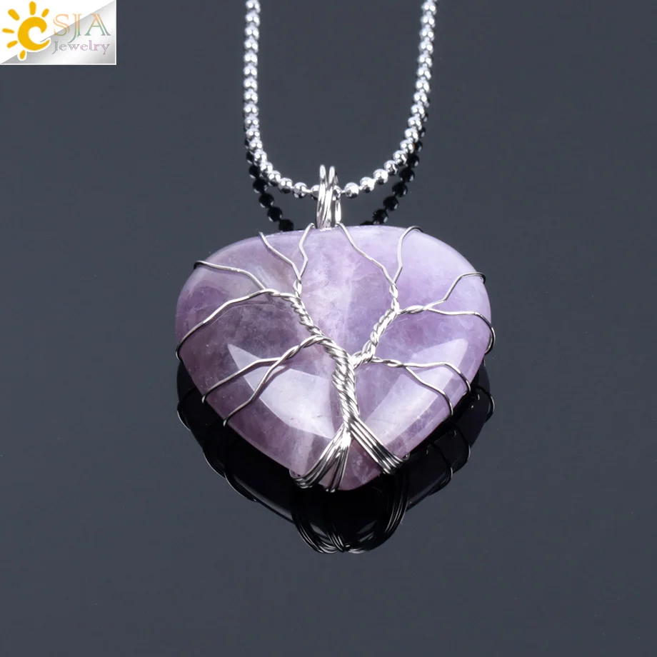 Amethyst Chain CSJA "Древо жизни" проволочный обернутый Любовь Сердце ожерелье и подвеска натуральный драгоценный камень тигровый глаз розовый кварц черный оникс F053 - Окраска металла: Amethyst Chain