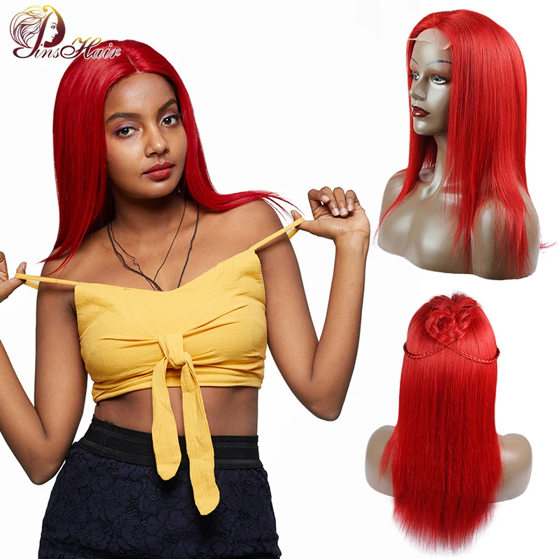 Pinshair красный 99J перуанские прямые волосы 4*4 парик с закрытием шнурка для черных