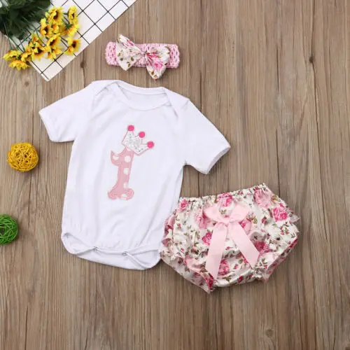 New 1st Birthday 3PCS Newborn Baby Girls Outfits Clothes Romper Tops+Floral ShortsSets | Детская одежда и обувь