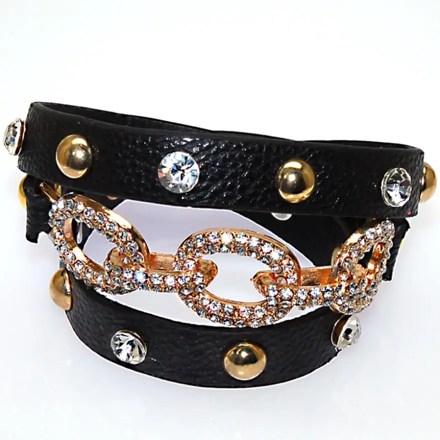 Двойной браслет с кристаллами и фианитами из ПУ кожи|wrap leather bracelet|double wrap braceletwrap