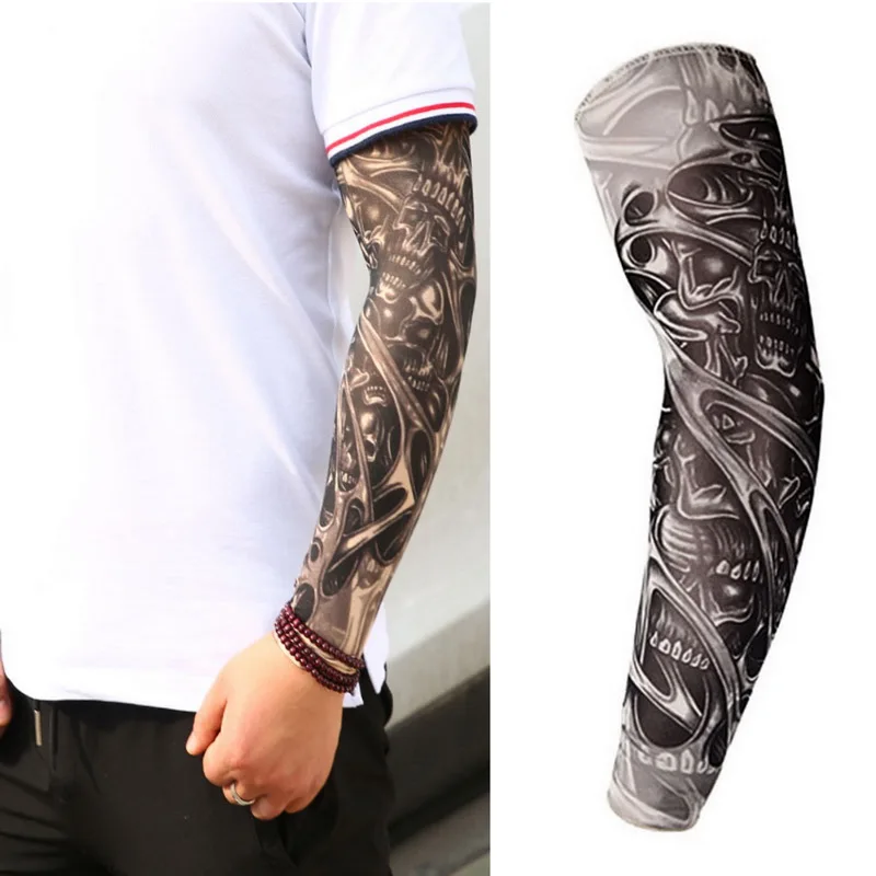 Fake Temporary Tattoo Sleeves Tattoos Full Long Slip On Arm Tattoo Sleeve Kit Men Elastic Nylon Glove Tattoos black skull design