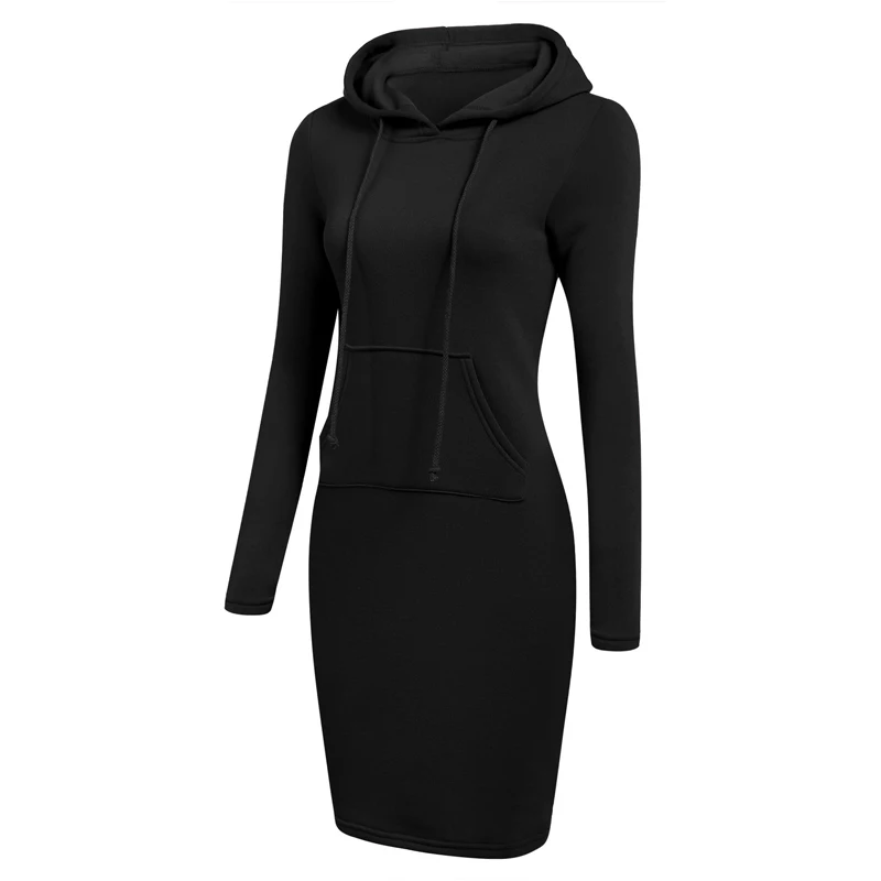 

NORMOV Casual Solid Women Dress Autumn Hooded Long Sleeve Pockets Package Hip Knee Length Cotton Straight Dress