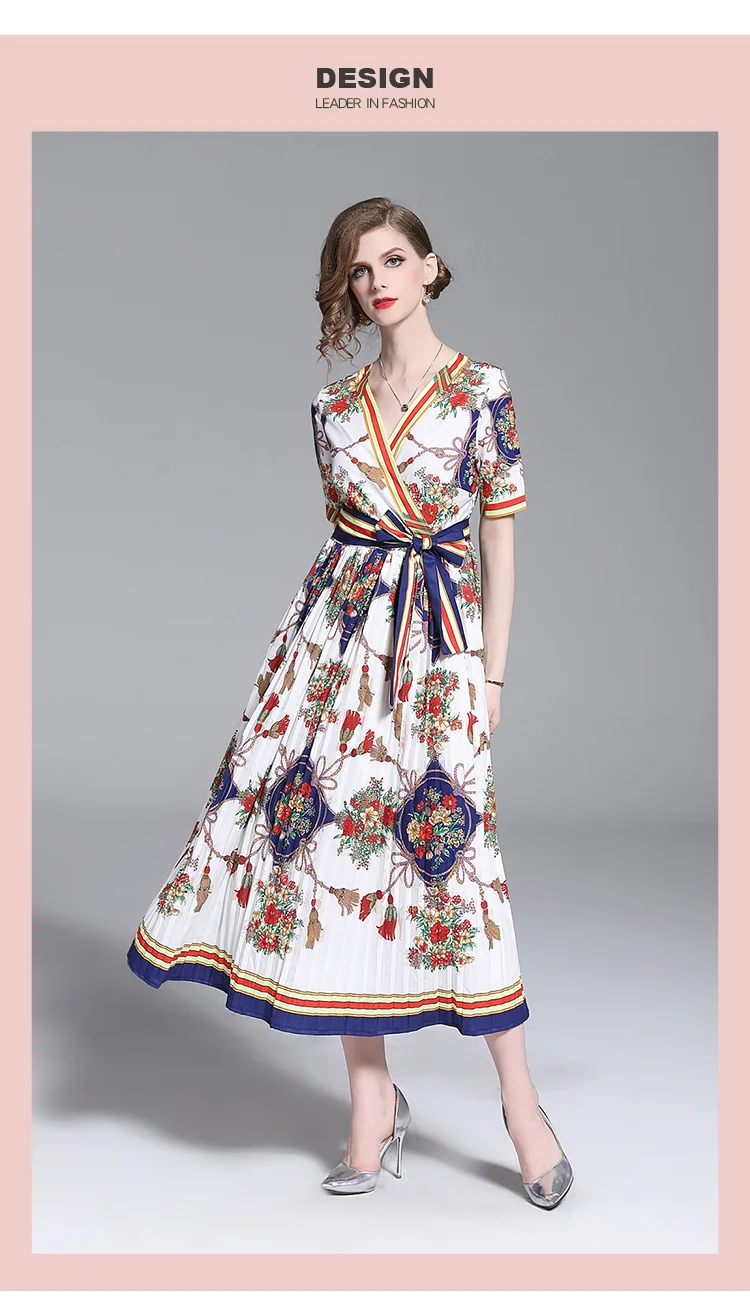 Летнее дизайнерское платье для подиума, женское винтажное длинное плиссированное платье с коротким рукавом, v-образным вырезом, цветочным принтом, полосатым поясом и бантом