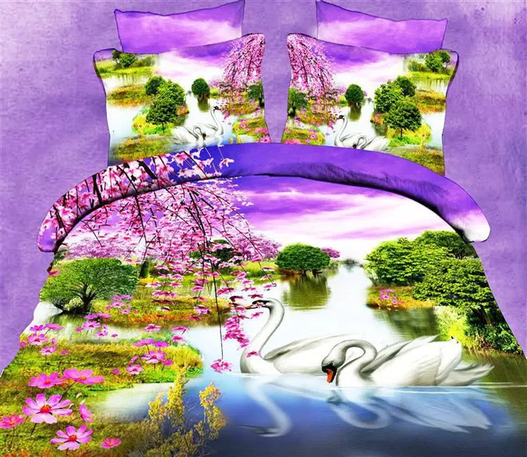 3D Purple pink floral swan bedding comforter set for queen size bedspread duvet cover bed in a bag sheet bedroom linen beautiful | Дом и сад