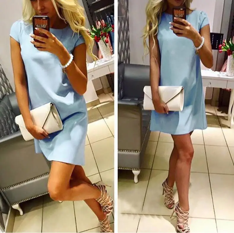 Летнее женское однотонное платье с коротким рукавом и круглым вырезом|neck dress|summer