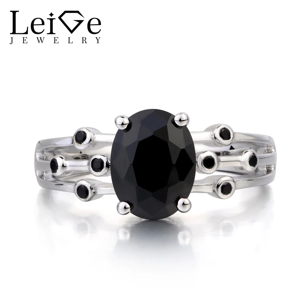 

Leige Jewelry Cocktail Party Ring Natural Black Spinel Ring Oval Cut Black Gemstone Solid 925 Sterling Silver Ring for Women