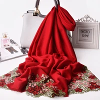 women red cherry embroider scarf 100 wool shawls and wraps for wedding festive pashimina echarpe bride embroidered wool scarves