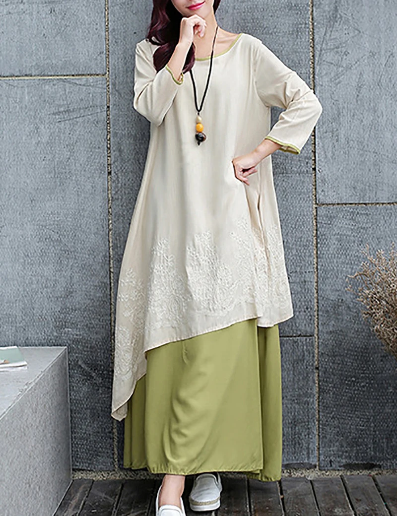 Loose large size female long dress Chinese style art Wrist Sleeved flax cotton and linen temperament Embroidery O-Neck dresses | Женская