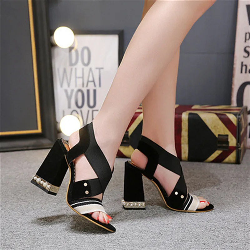 RUIDENG women sandals super high heel red black elastic band fashion party wedding shoes crystal 11cm lady square shoe | Обувь
