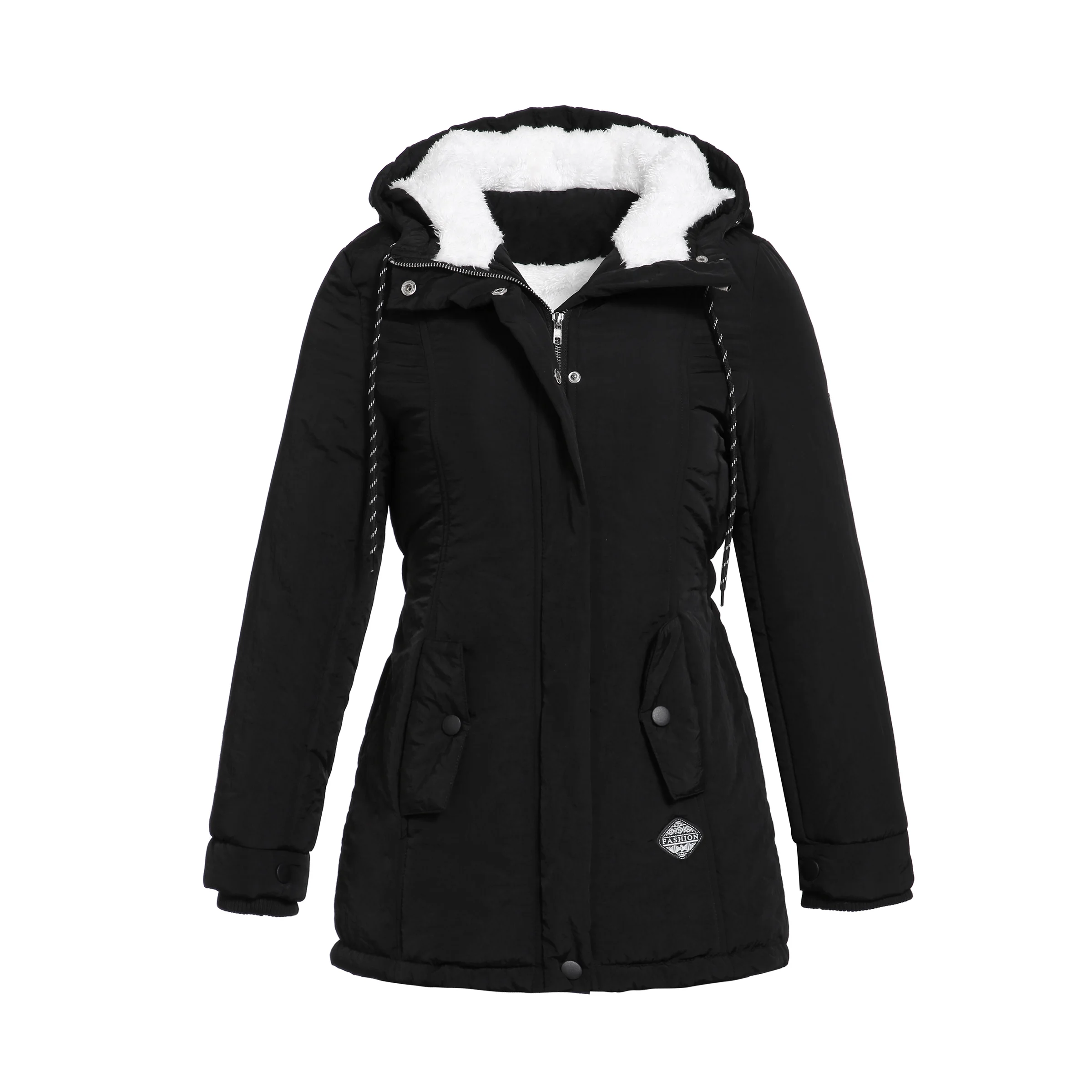 Windproof Slim Outerwear Winter Warm Coat Female Fashion Elastic Waist Zipper Pocket Hooded Drawstring Overcoats Autumn Clothes | Женская