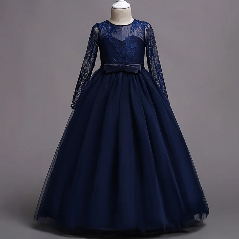 Dark blue Кружевное платье дамы платье Цветочные платья для девочек девушки Элегантное платье Первое причастие Принцесса Вечерние Пышная юбка для малышки костюм пушистой - Цвет: Dark blue