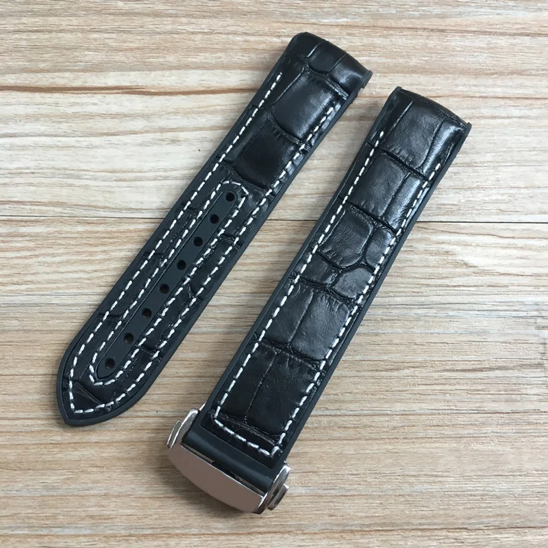 20mm 22mm Dark Blue Black Brown Rubber With Leather Watch Band Strap For OMEGA Planet Ocean Seamaster 300 Speedmaster Bracelet