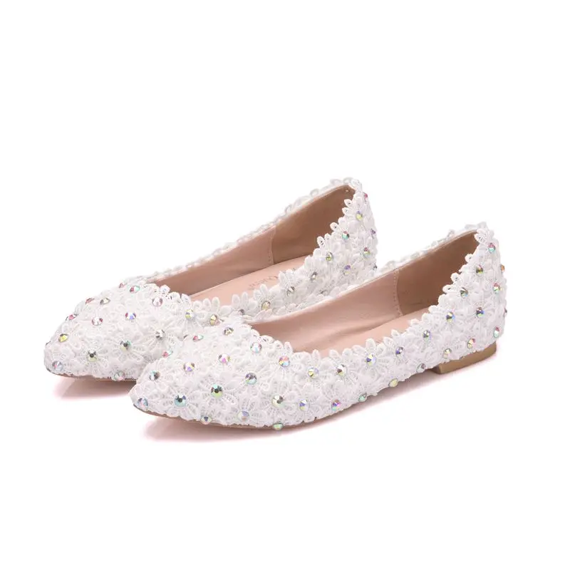 

Crystal Queen Lace Brides Wedding Shoes Flats Lady Sweet Flower Evening Party White Dress Shoes Princess Flats Plus Size 43