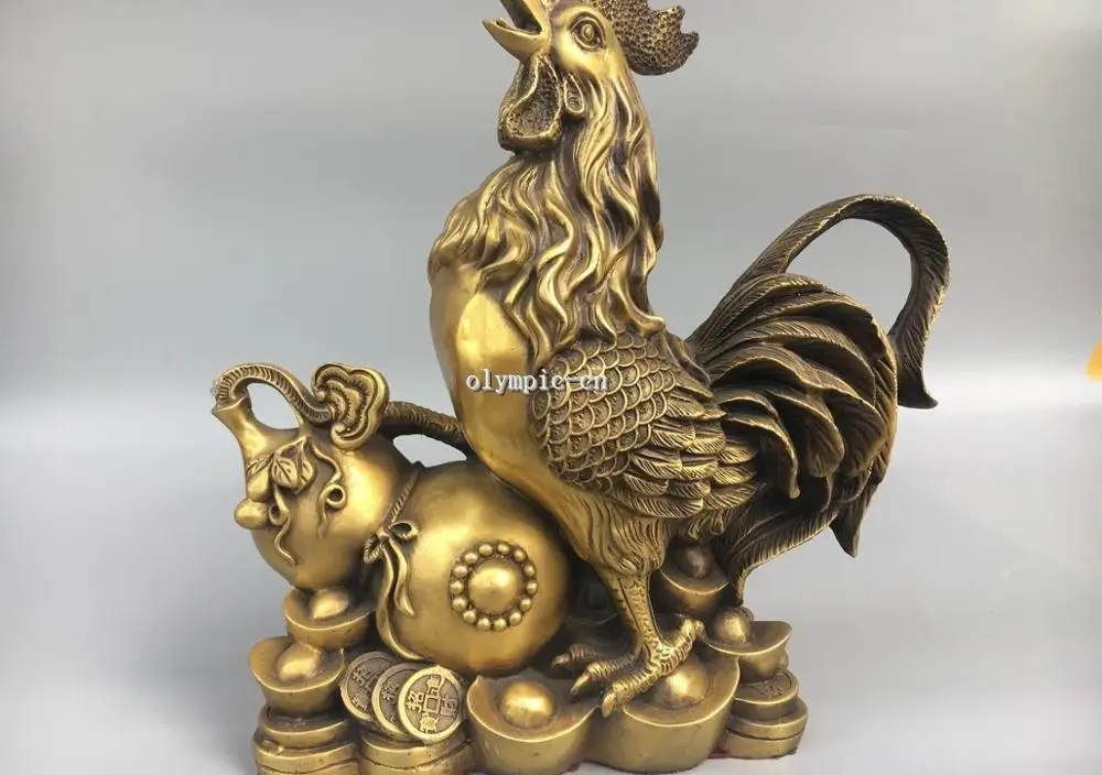 

14'' Classica Brass Home Fengshui animal Wealth rooster cock on Gourd statue