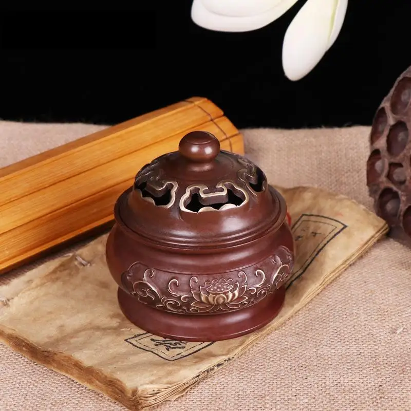 

Lotus Designed Copper Color Plated Imitation Old Antique Incense Burner Hollow Purple Sand Color Porcelain Incense Cones Holder