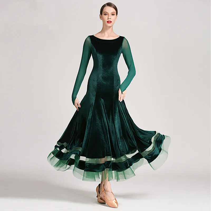 Женское платье с длинным рукавом черное/зеленое/красное для бальных танцев |