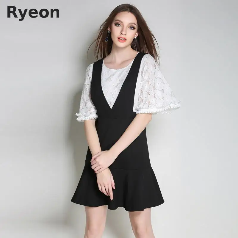 Ryeon Л До 5xl Большой Размер Женщин 2 Шт. Платья a-line Кружева Блузка С Подтяжки Винтаж
