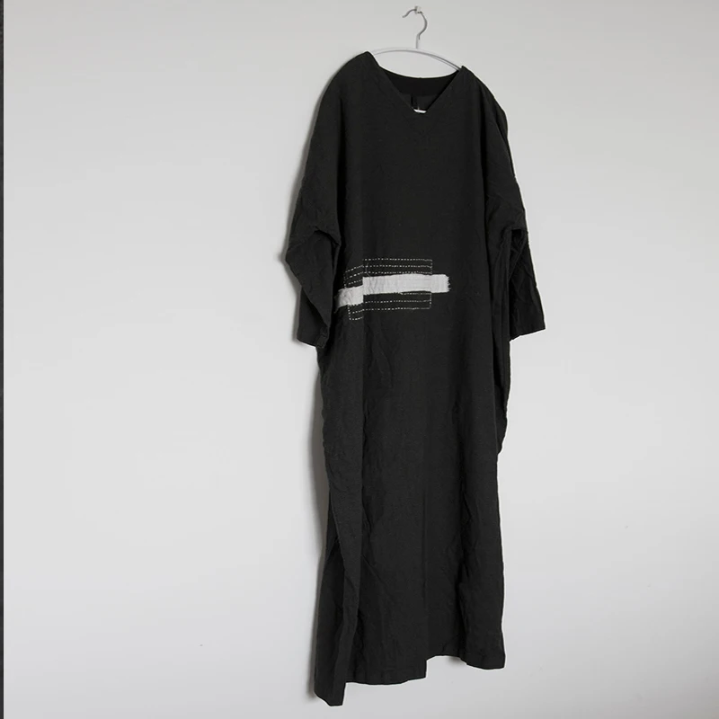 Dark Gray Black Johnature, женское черное платье, весна, новинка, v-образный вырез, полный рукав, размера плюс, женская одежда, хлопок, лен, вышивка, Макси платья - Цвет: Dark Gray Black