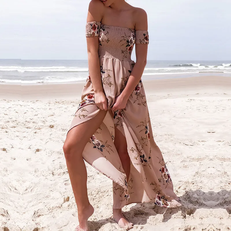 Женское пляжное шифоновое платье с открытыми плечами Boho белое длинное винтажное