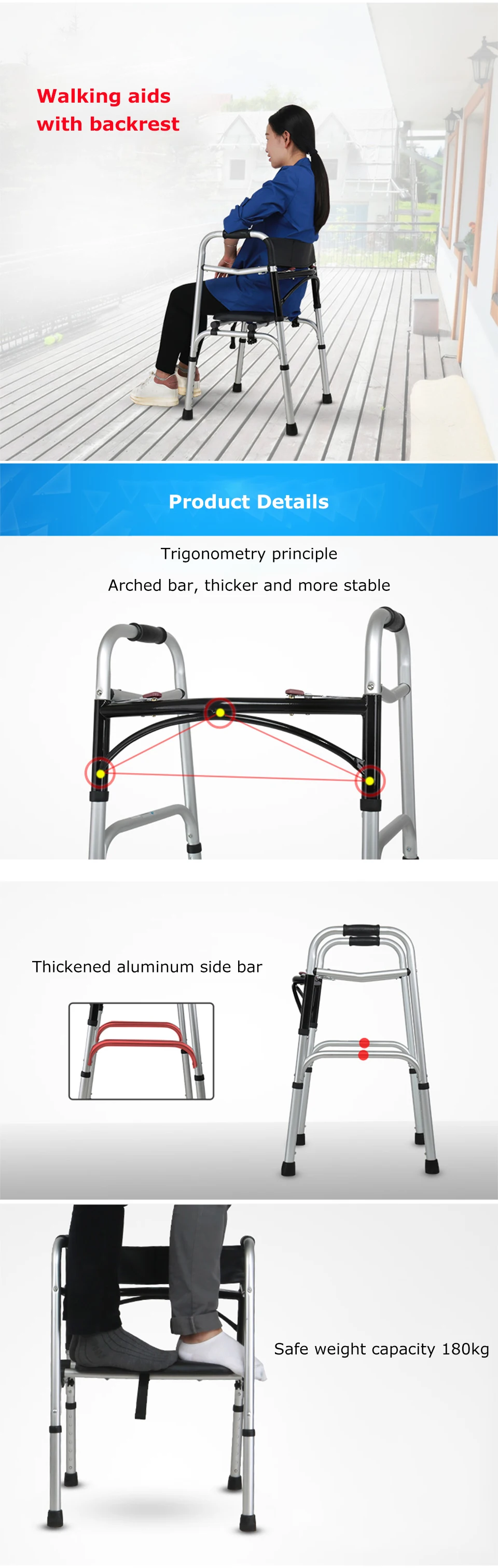 New design folding elderly disabled people portable frame walker walking aids with backrest