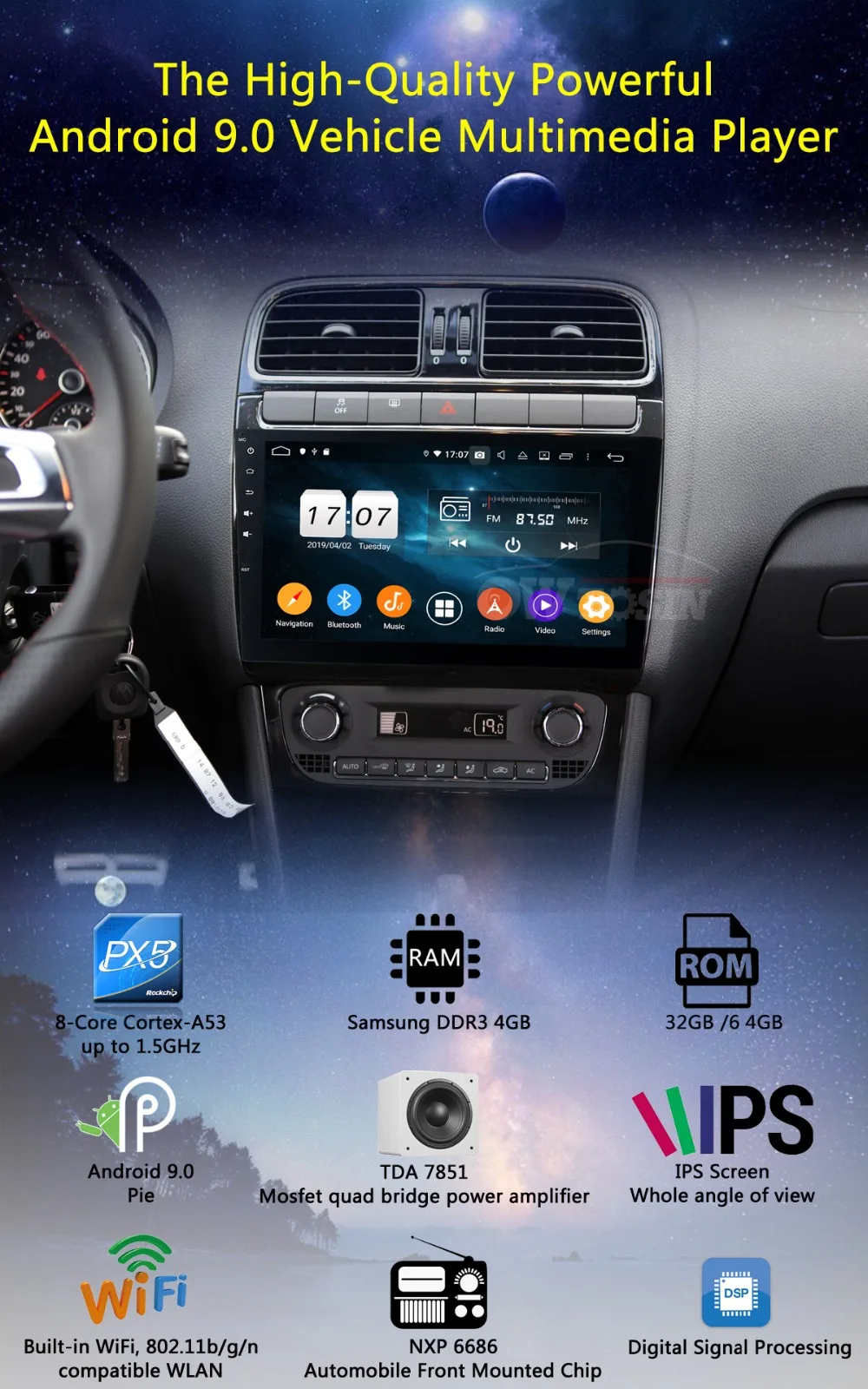 10," ips 8Core Android 9,0 4G ram+ 64G rom автомобильный проигрыватель с радио и GPS для Volkswagen VW Polo 2012 2013 DSP CarPlay