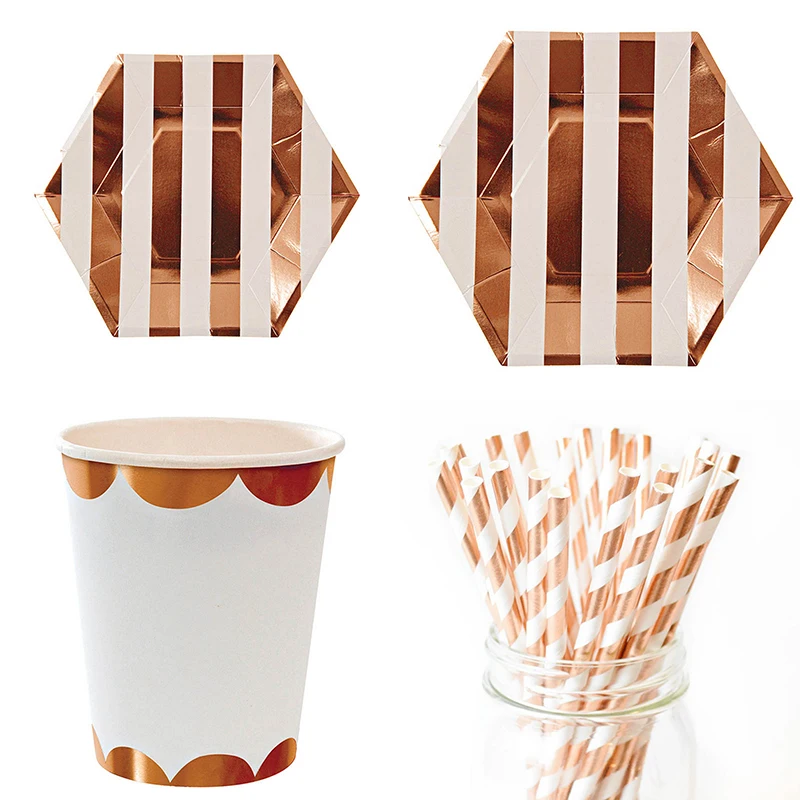 Розовые бумажные золотистые тарелки чашки салфетки трубочки для свадьбы с днем