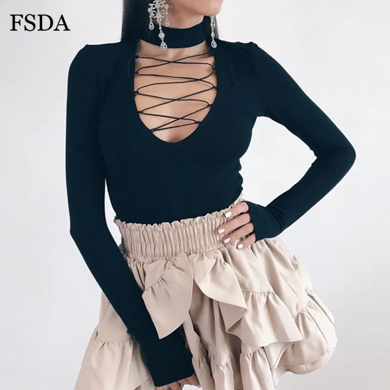 Женский хлопковый боди FSDA Черный Повседневный облегающий на шнуровке с длинным