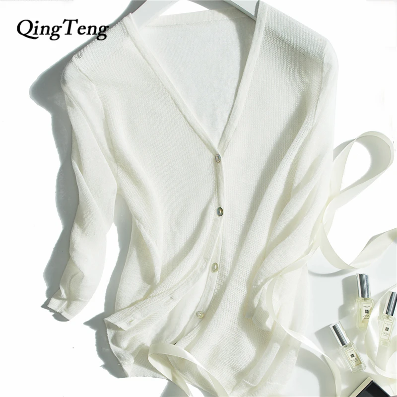 Summer Female Cardigan Big Size Thin Knitted Short Sweater Blusas Sunscreen High Grade Women V Neck Knitwear Transparent |
