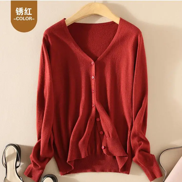 V-neck rust red Осенний и зимний утолщенный кашемировый свитер, женский кардиган с v-образным вырезом и длинными рукавами, короткий свободный Однотонный женский свитер - Цвет: V-neck rust red