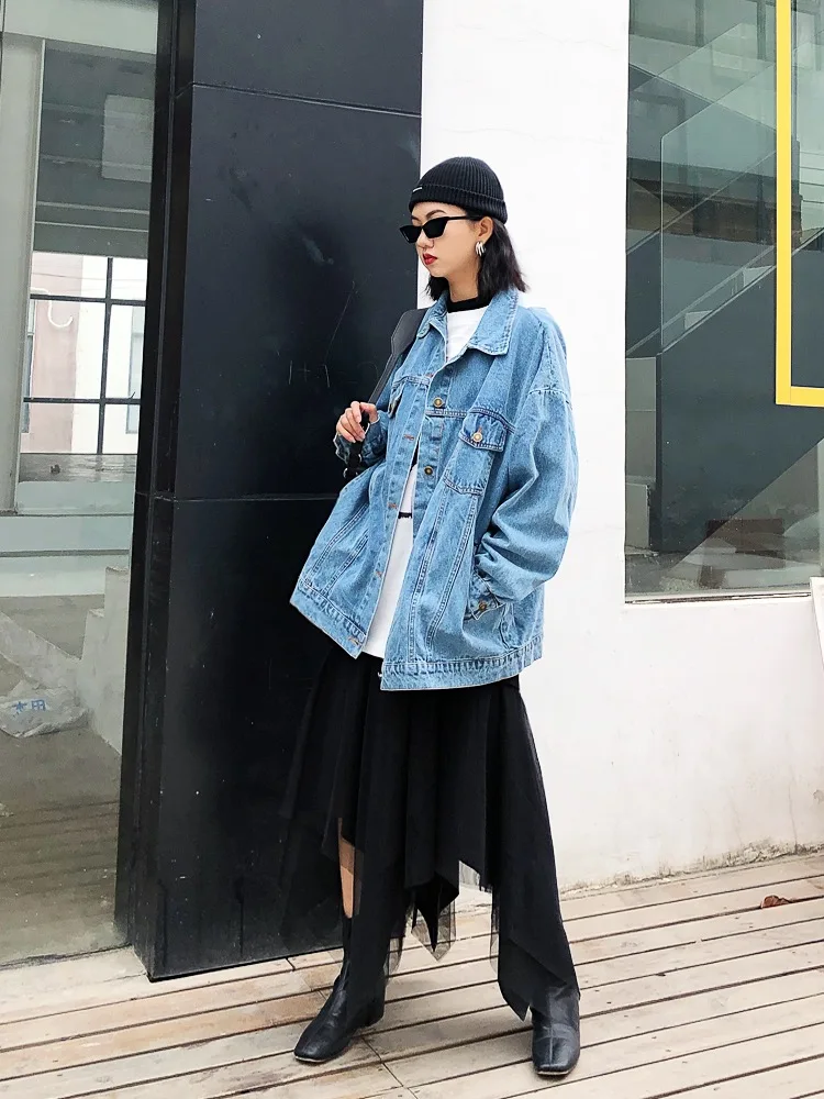 Creative design of back stitching stripe patch loose Street fake two fashionable BF neutral coat boyfriend denim jacket | Женская одежда