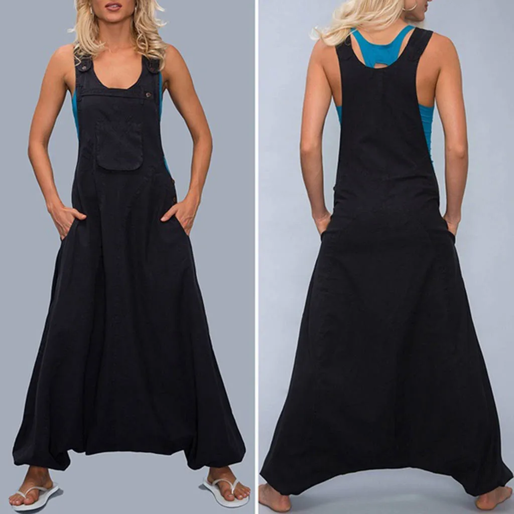 Women loose Backless Jumpsuit Casual U Neck Sleeveless Side Pockets Long Playsuit Plus Size 5xl Rompers Salopette Femme #js5 | Женская