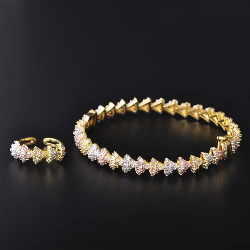 Женский комплект из кольца и браслета Blucome трехцветный меди циркона с блестящим