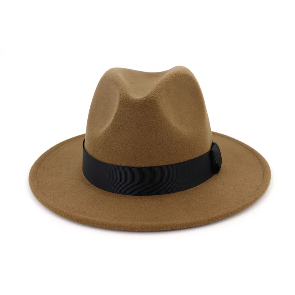 QIUBOSS для мужчин женщин плоские поля Джаз Шерсть фетр Fedora шапки черная лента украшения просто унисекс Панама шляпа игрока Trilby QB54